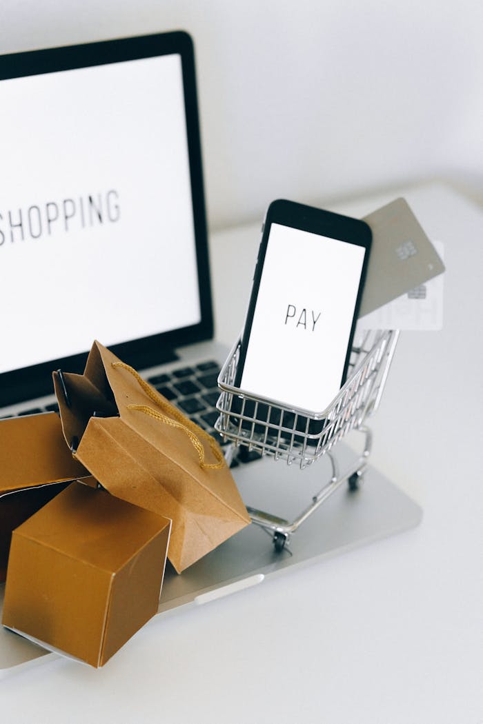 menu-08 A miniature shopping cart holds a smartphone and credit card on a laptop, symbolizing online shopping.