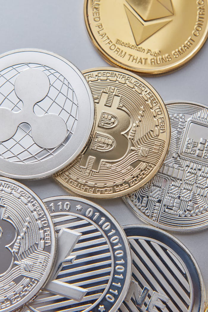 menu-03 High-resolution vertical shot of various cryptocurrency coins, emphasizing Bitcoin, Ethereum, and Ripple.
